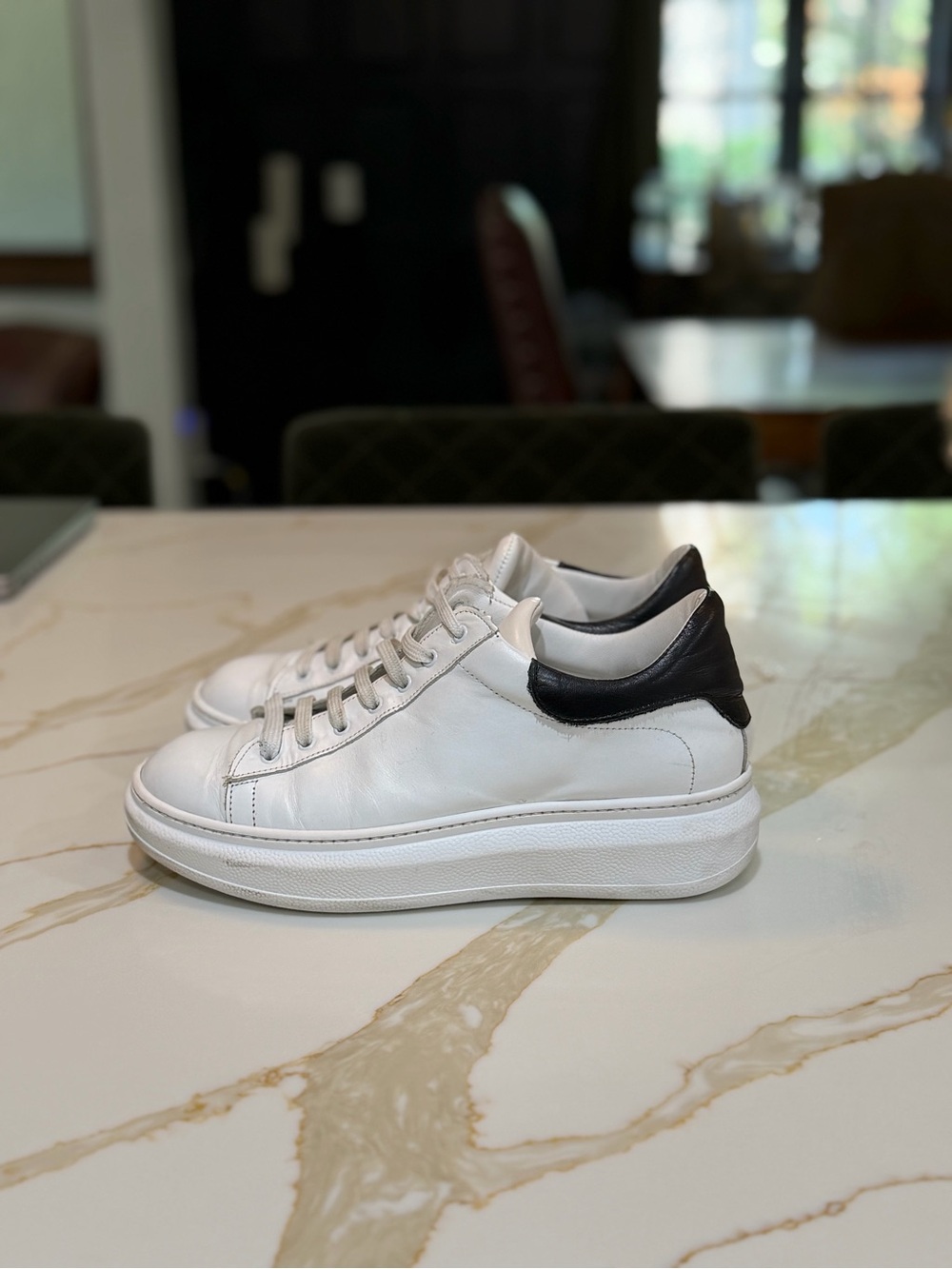 White Leather Platform Sneakers with Black Heel Accent